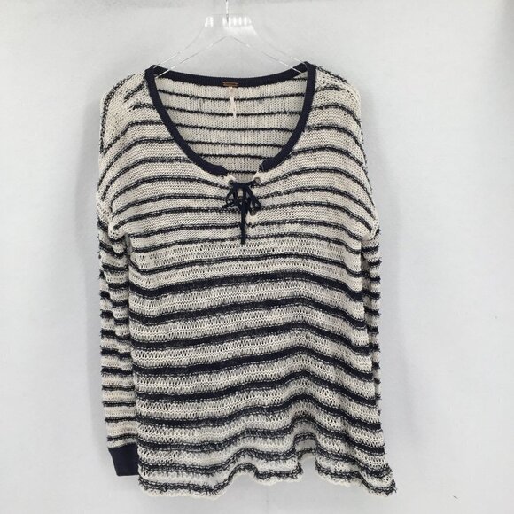 Free People Judy Punk open weave sweater stripe navy blue lace tie Small - Picture 2 of 5